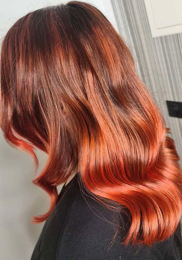 Mid-Back Striking Coral Red Ombre Waves — Coral Hair