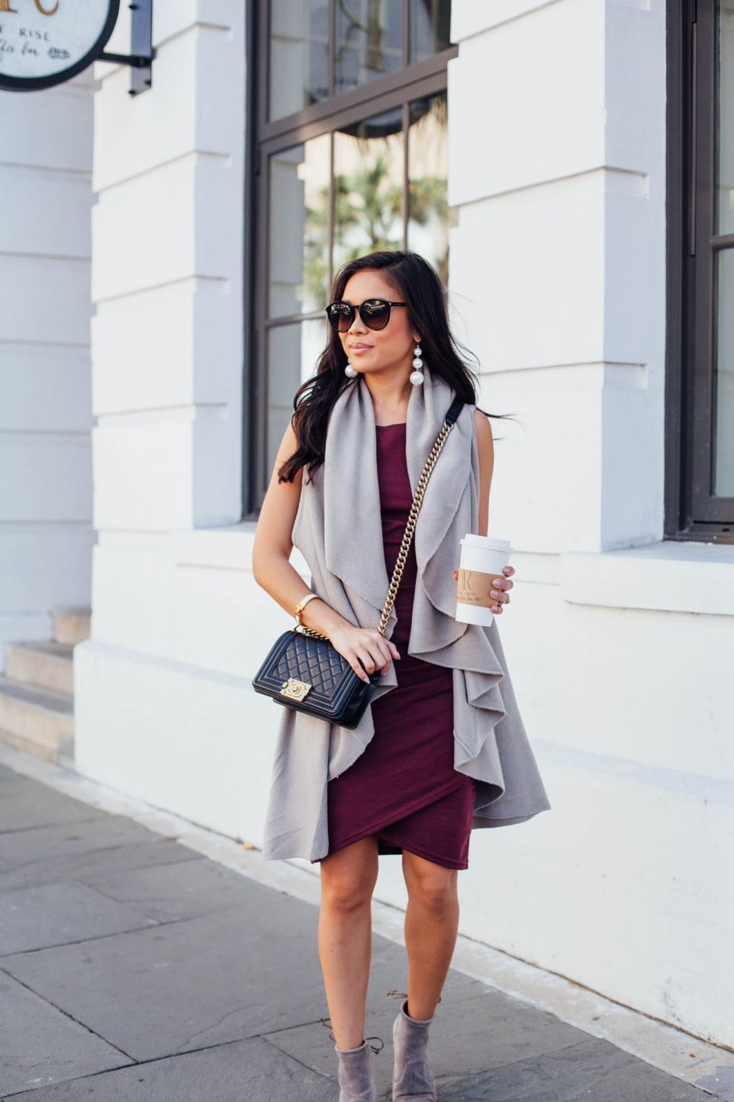 Burgundy Bodycon Dress with Draped Vest Layering — Charleston Outfits