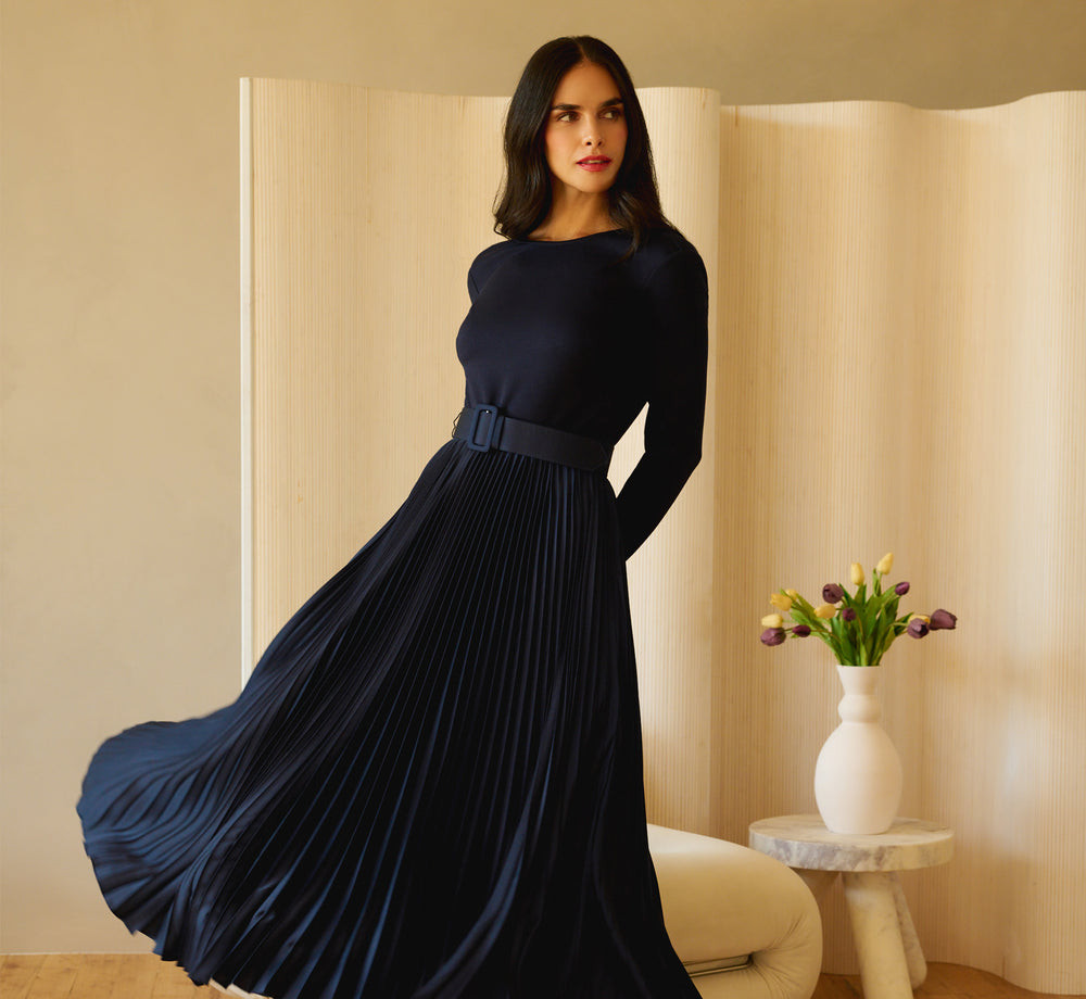 Navy Blue Knit Dress with Expansive Pleated Skirt — Long Sleeve Dresses