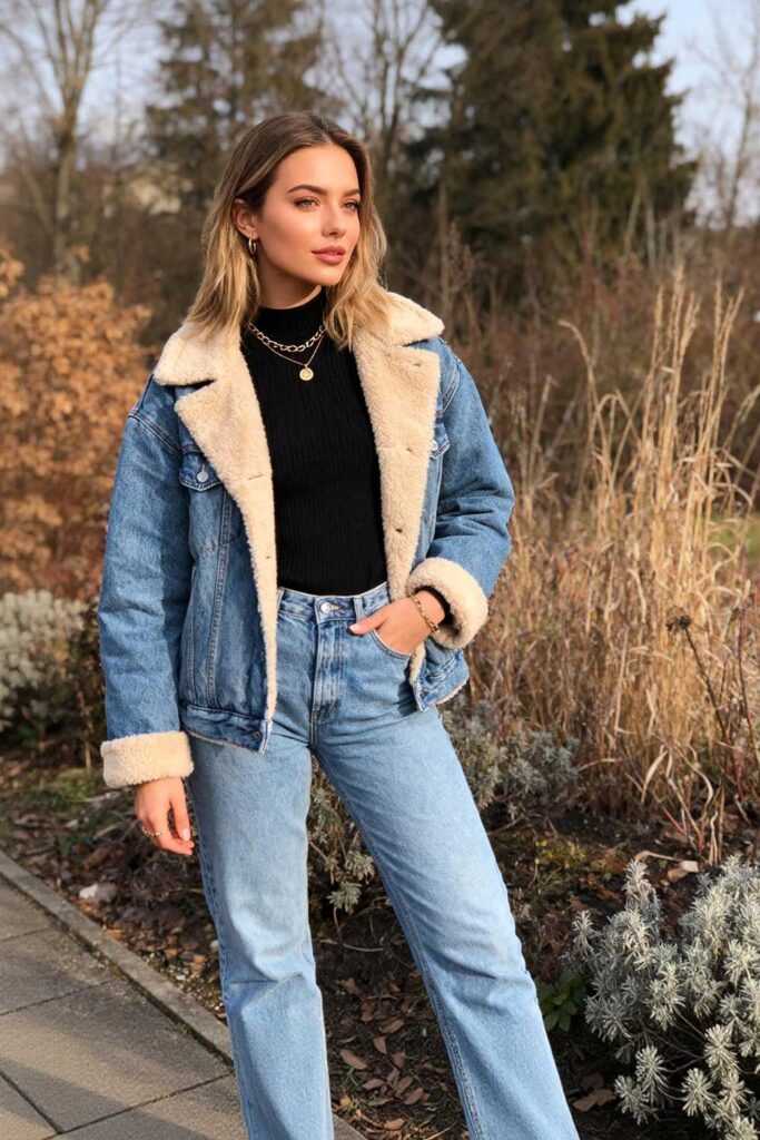 Blue Mom Jeans with Shearling-Lined Denim Jacket Blue Mom Jeans with Shearling-Lined Denim Jacket