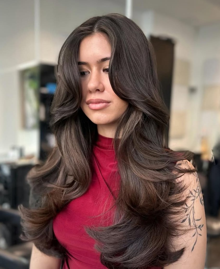 Dark Brown Butterfly Voluminous Layers — Butterfly Haircut Long Hair