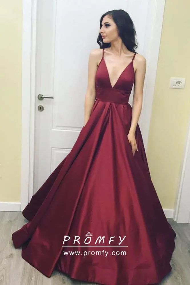 Burgundy Satin Ball Gown with Voluminous Skirt — Military Ball Dresses