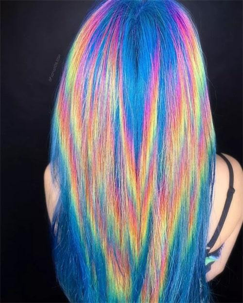 Mid-Back Blue Base With Rainbow Streaks — Holographic Hair