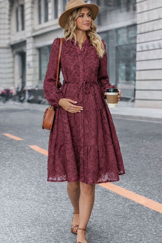 Maroon Textured Midi Dress with Collared Neck and Tie Waist for a Chic Baby Shower Maroon Textured Midi Dress with Collared Neck and Tie Waist for a Chic Baby Shower — Baby Shower Dresses