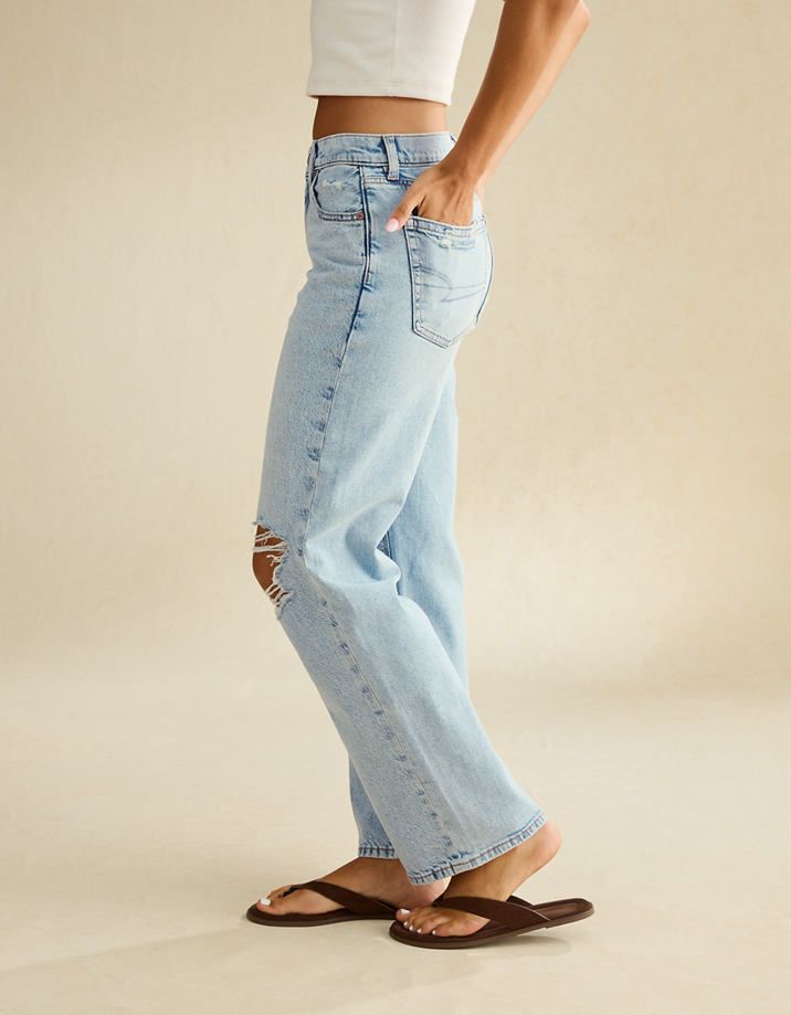 Straight-Leg Ripped Jeans with Crop Top and Flip-Flops