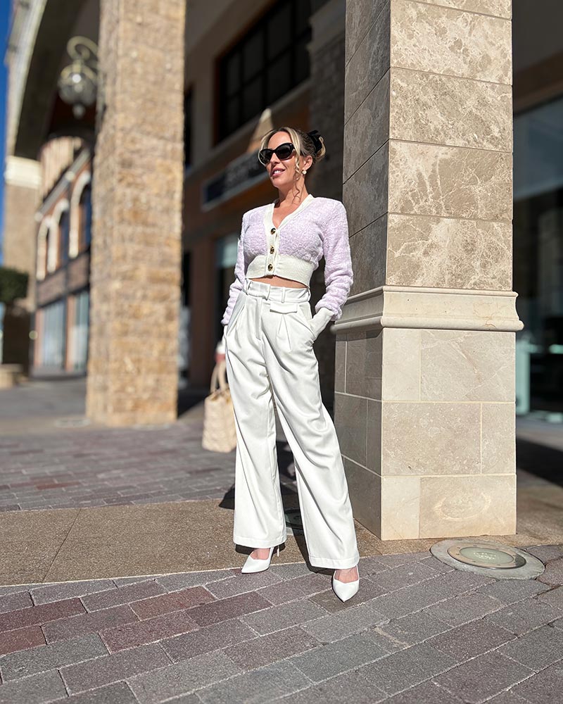 Chic Lilac Cardigan with White Wide Legs — Wide Leg Pants