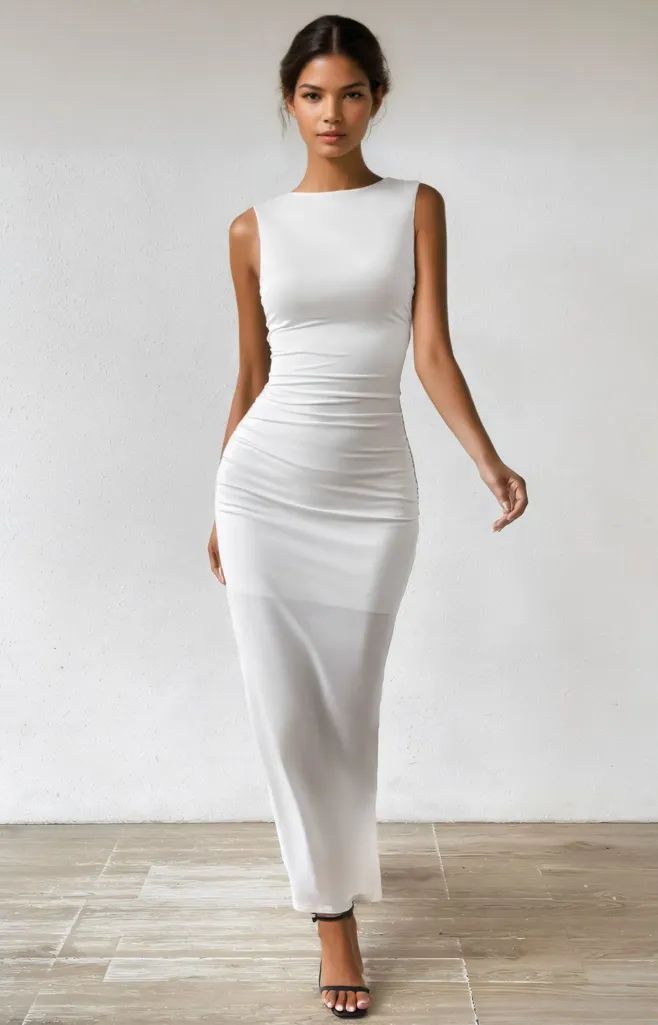 White Sleeveless Bodycon Maxi Dress with Sheer Hem White Sleeveless Bodycon Maxi Dress with Sheer Hem — Bodycon Dress Outfits