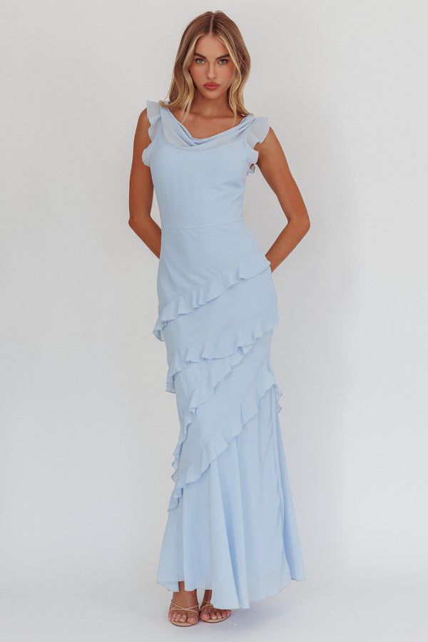 Light Blue Chiffon Maxi Dress with Cowl Neckline and Tiered Ruffles — Semi Formal Dresses