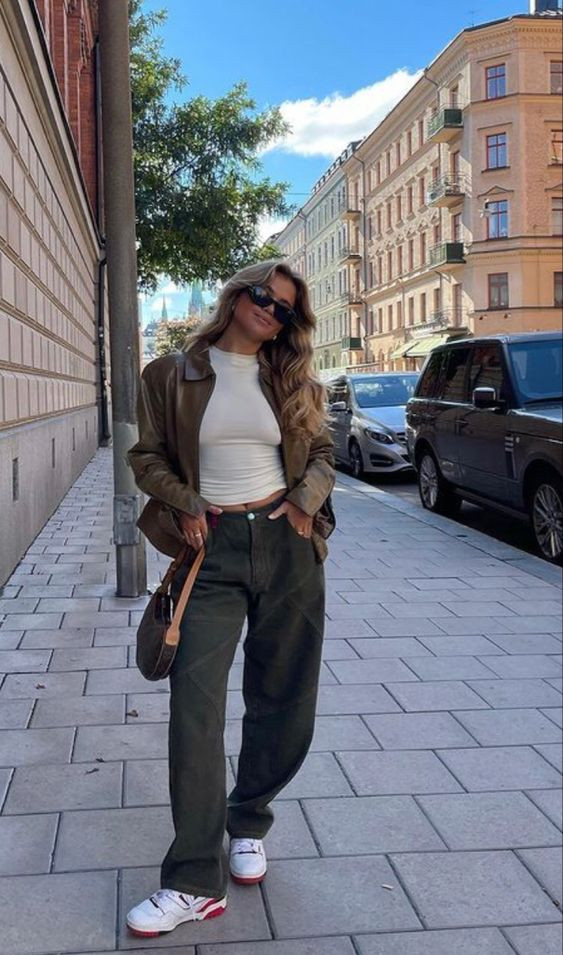 Casual Cool: Leather Jacket and Olive Denim — Outfits for Rectangle Shape
