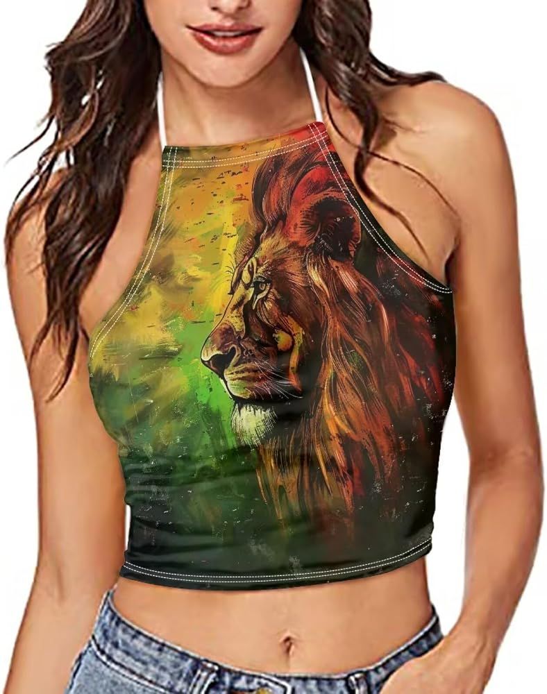 None Visible Lion Graphic Halter Crop Top for Festival Style — Jamaica Outfits