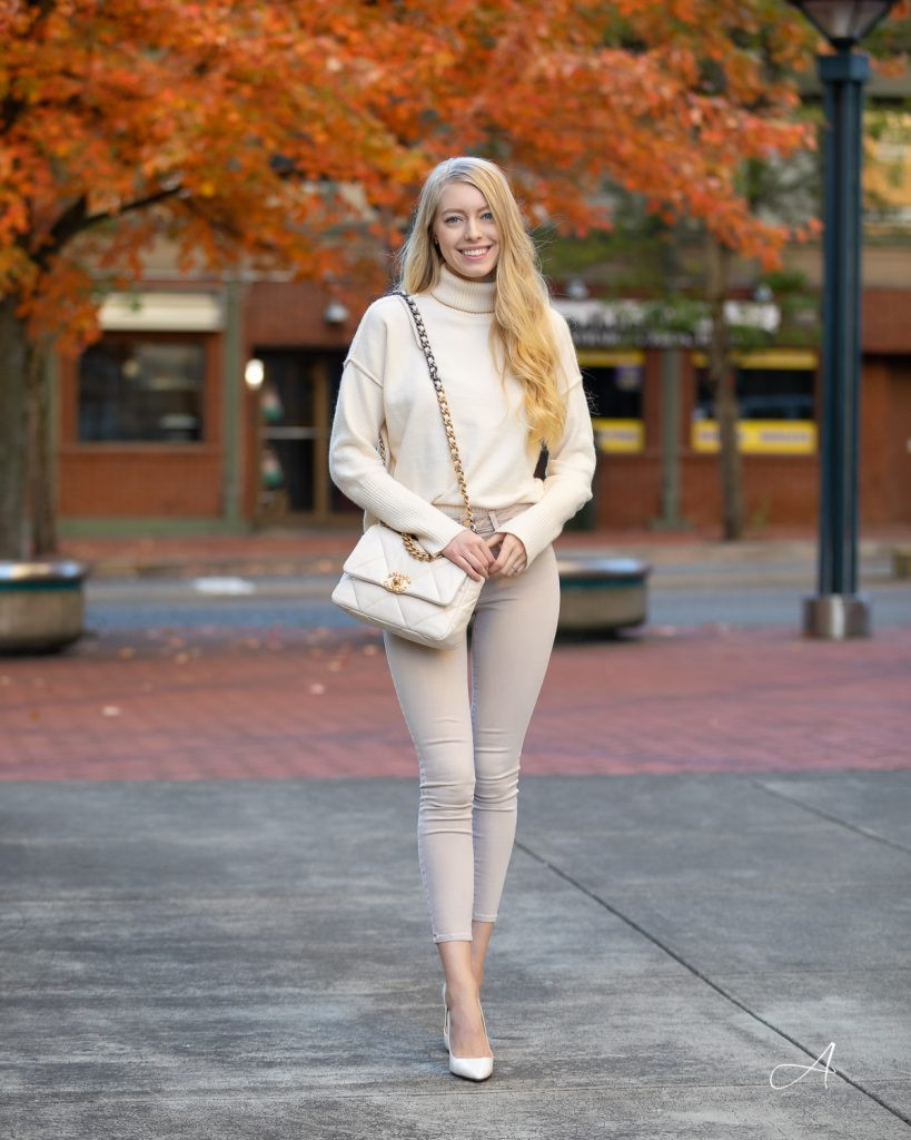 Monochromatic Cream: Turtleneck, Trousers, and Quilted Chanel Bag Monochromatic Cream: Turtleneck, Trousers, and Quilted Chanel Bag — Chanel Bag Outfits