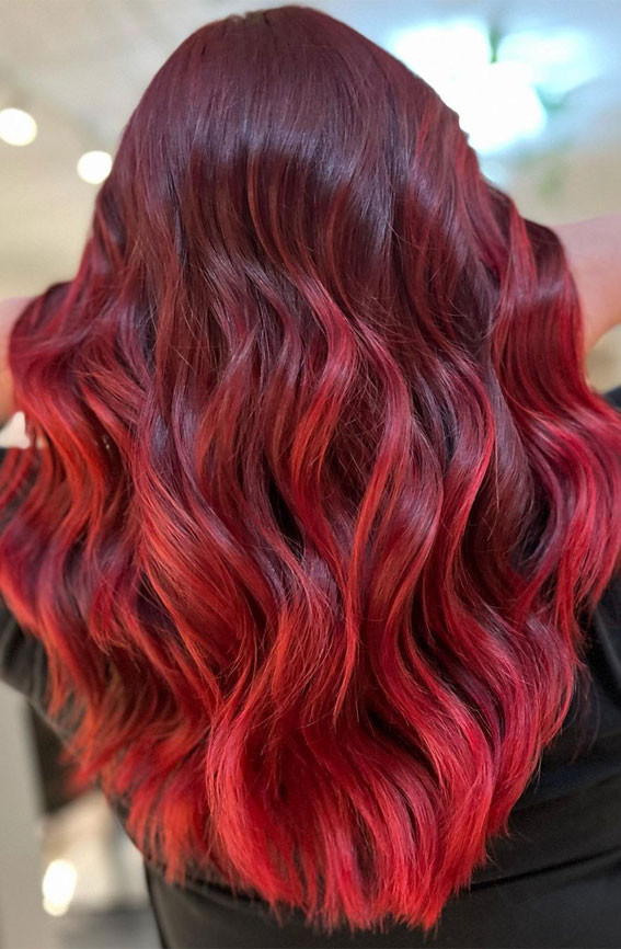 Mid-Back Wavy Vivid Fire Red — Fire Red Hair