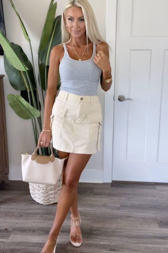 Cream Cargo Mini Skirt with Tank Top and Clear Heels — Cargo Skirt Outfits