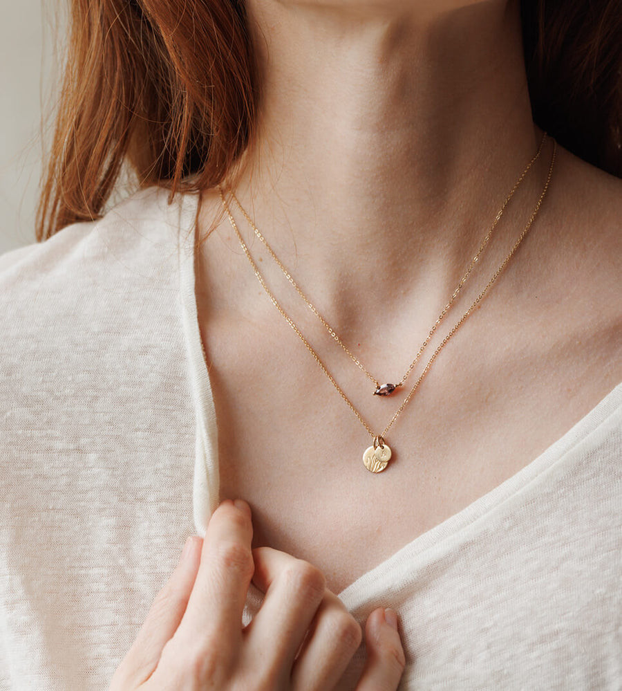 Layered Pendants with Red Stone and Stamped Disc — Dainty Gold Necklaces