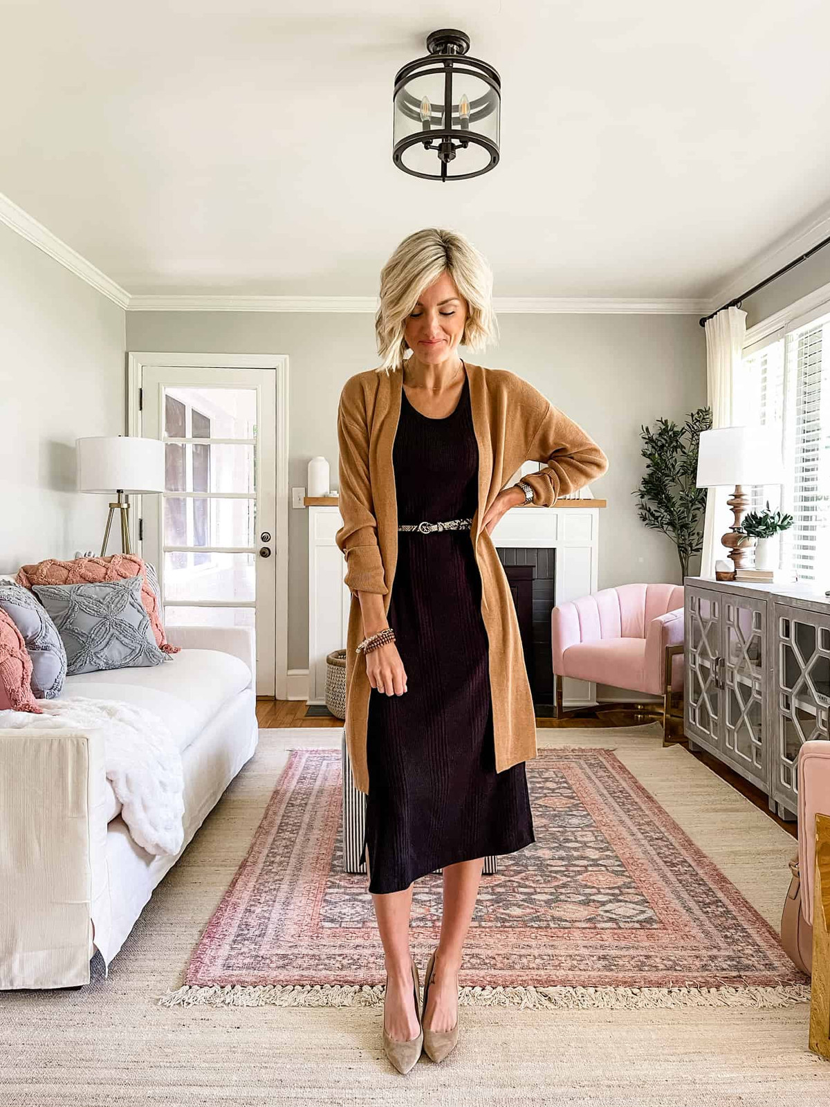 Long Camel Cardigan Layered Over a Dark Ribbed Midi Dress Long Camel Cardigan Layered Over a Dark Ribbed Midi Dress — Teacher Conference Outfits