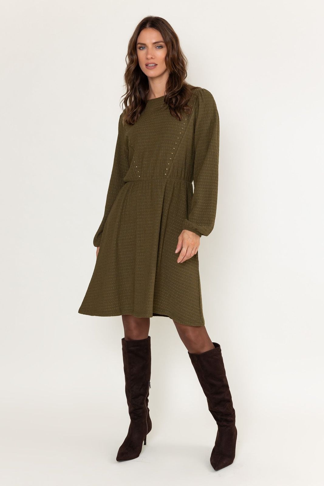 Olive Green Textured Knit A-Line Dress with Studded Shoulders — Knee Length Dresses