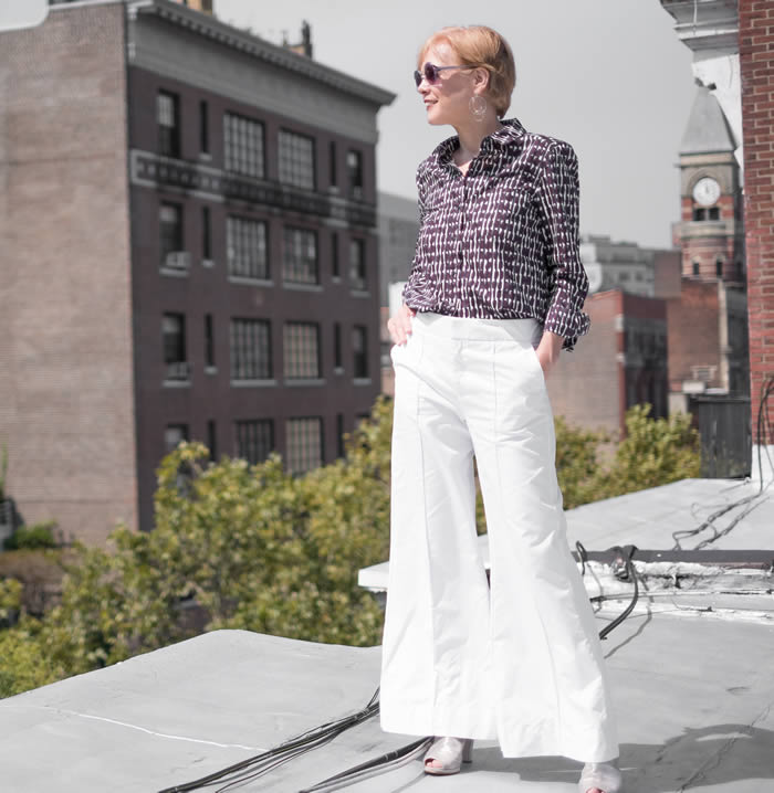 Daytime Event Polished White Wide Leg Pants with Patterned Shirt — Wide Leg Pants Outfits