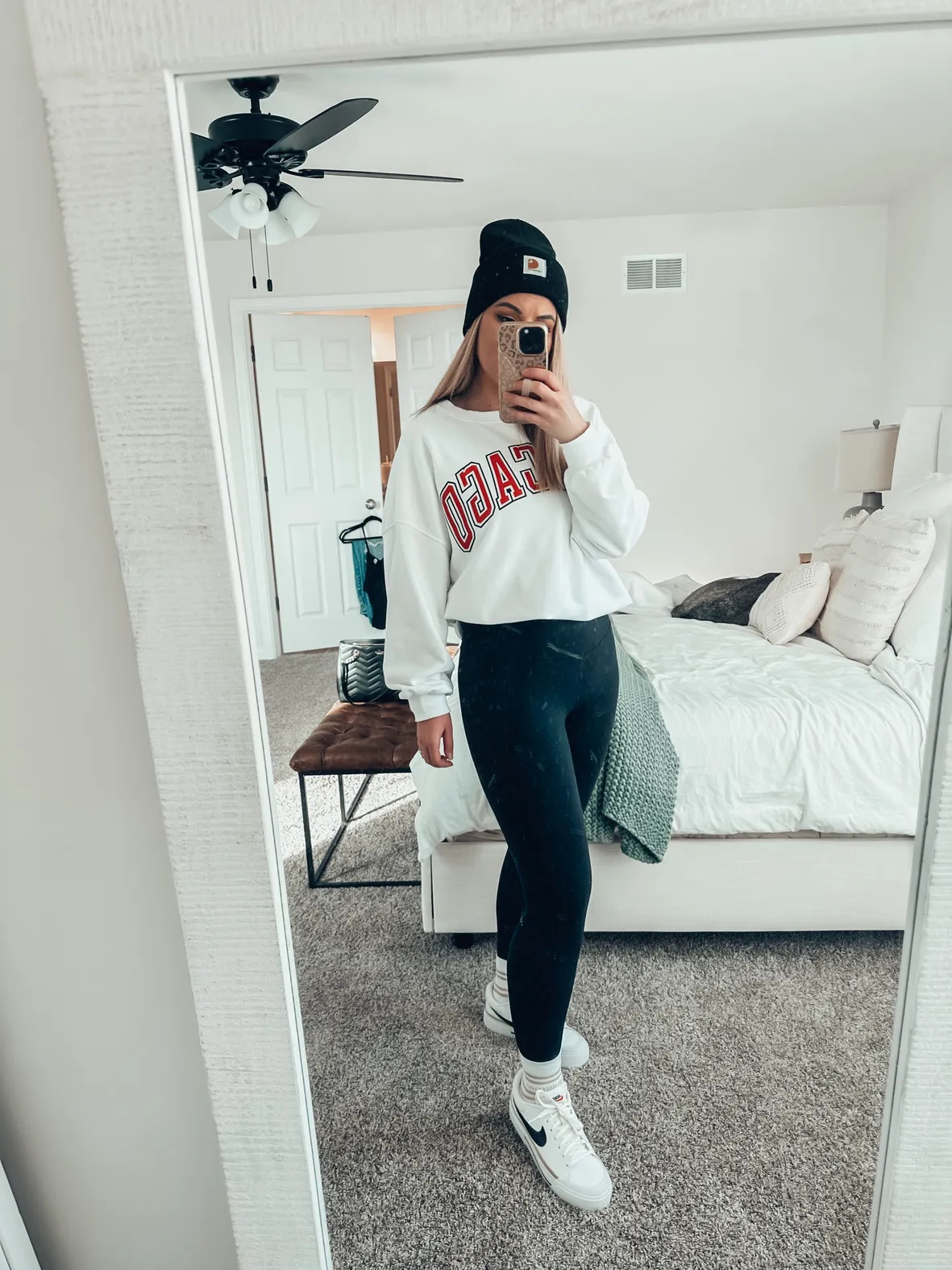 Black Beanie White Graphic Sweatshirt Outfit Idea — Basketball Game Outfits