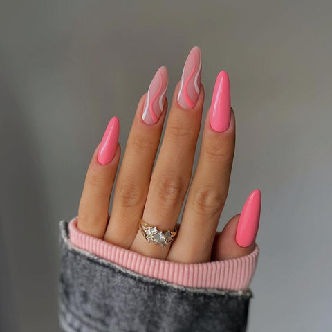 Wavy Line Art on Long Stiletto Nails — Hot Pink Nails