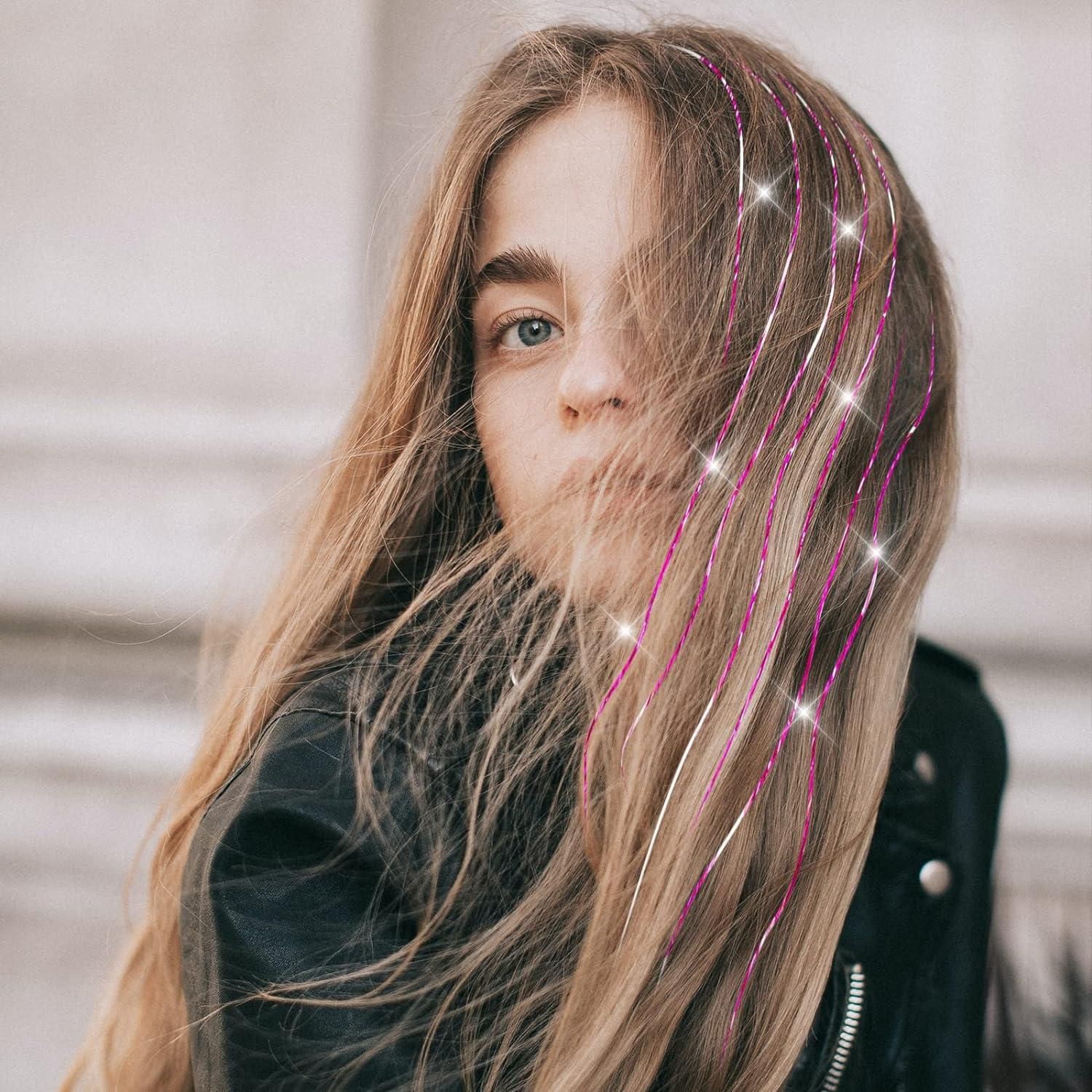 Pink Glitter Tinsel on Long Brown Hair — Hair Tinsel
