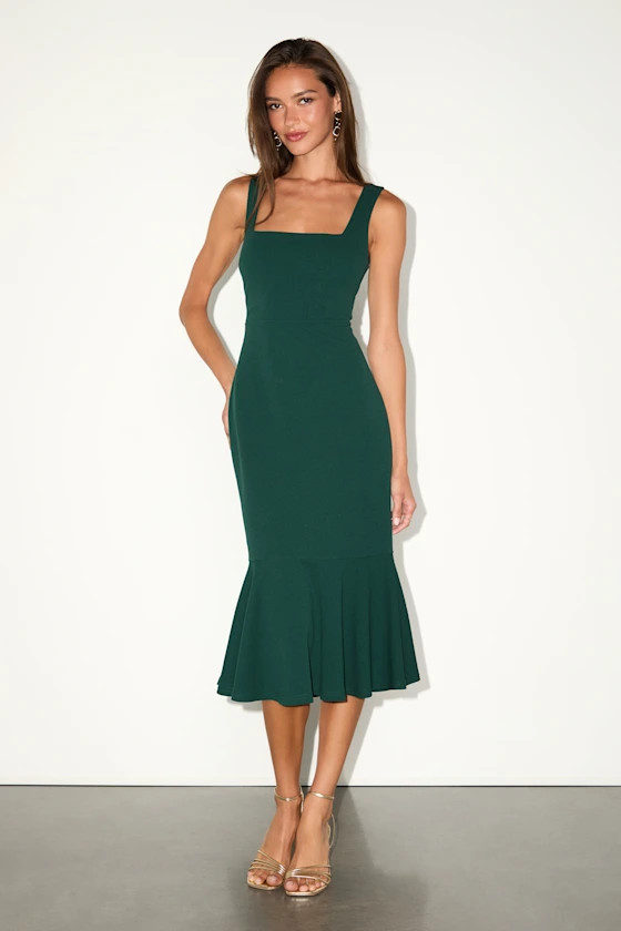 Dark Green Crepe Sheath Dress with Square Neckline and Mermaid Hem Dark Green Crepe Sheath Dress with Square Neckline and Mermaid Hem — Semi Formal Outfits