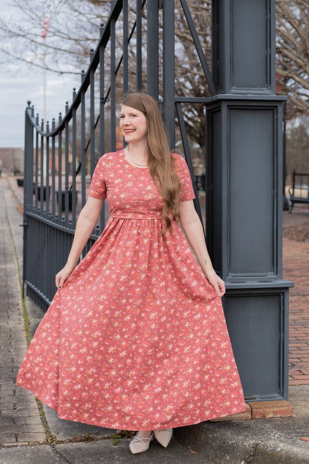 Coral Floral Print A-Line Dress with Pearl Necklace — Nursing Friendly Dresses