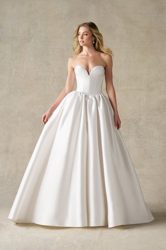 None Visible Simple Ivory Satin Ball Gown with Full Skirt None Visible Simple Ivory Satin Ball Gown with Full Skirt — Ball Gowns