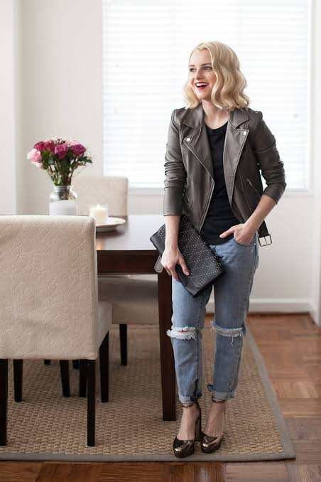 Light Blue Ripped Jeans with Moto Jacket and Metallic Heels Light Blue Ripped Jeans with Moto Jacket and Metallic Heels — Ripped Jeans Outfits