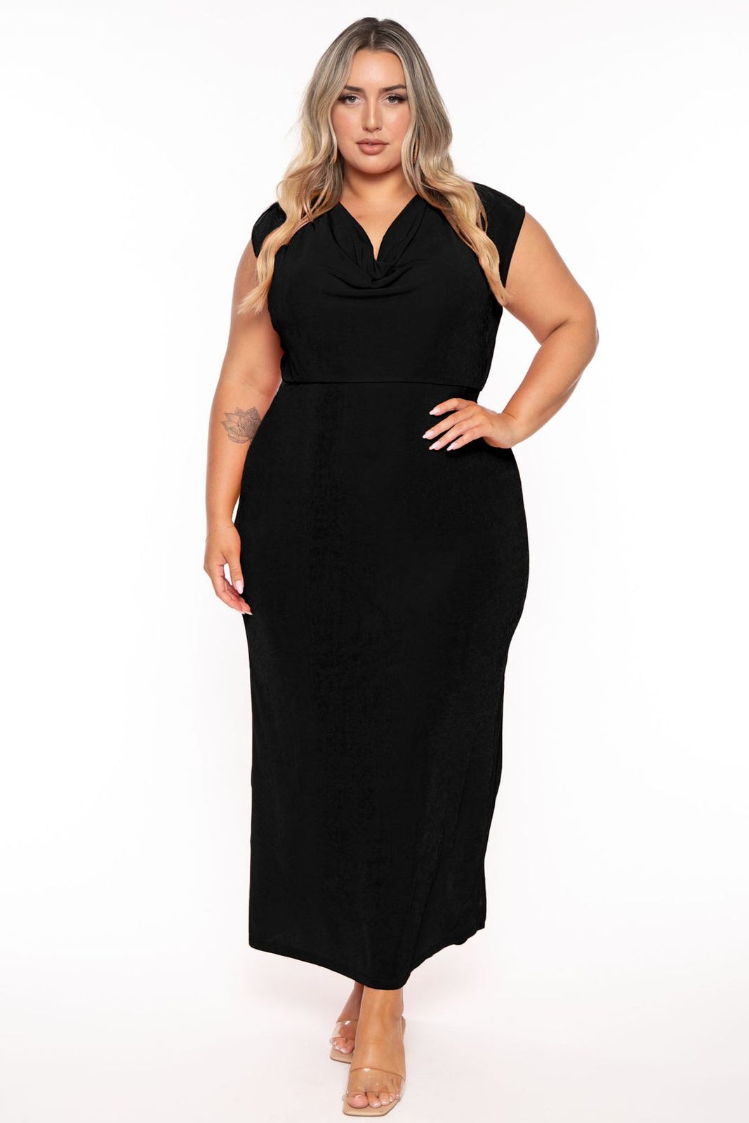 Black Textured Knit Maxi Dress with Cowl Neckline — Plus Size Dresses
