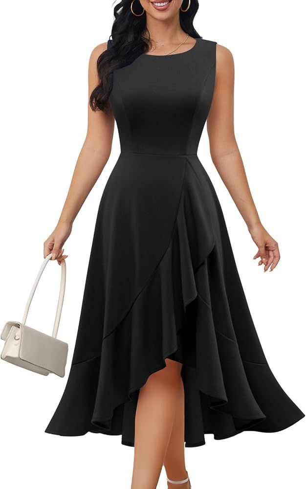 High-Low Hem Dress with Ruffles and White Handbag — Funeral Dresses