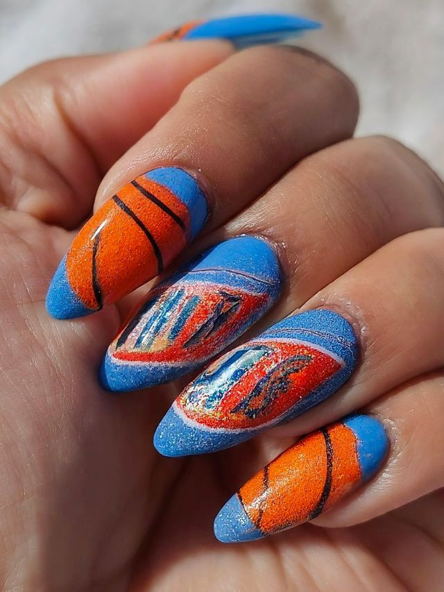 Textured Orange Basketball Pattern Almond Nails Textured Orange Basketball Pattern Almond Nails — Basketball Nails