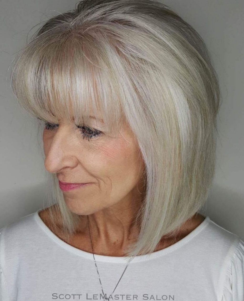Ash Blonde Angled Bob With Full Fringe Ash Blonde Angled Bob With Full Fringe — Highlights Over 60