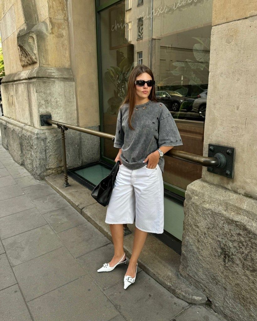 Oversized Tee and Bermuda Shorts with White Slingbacks for Casual Daytime — Slingback Heels Outfits