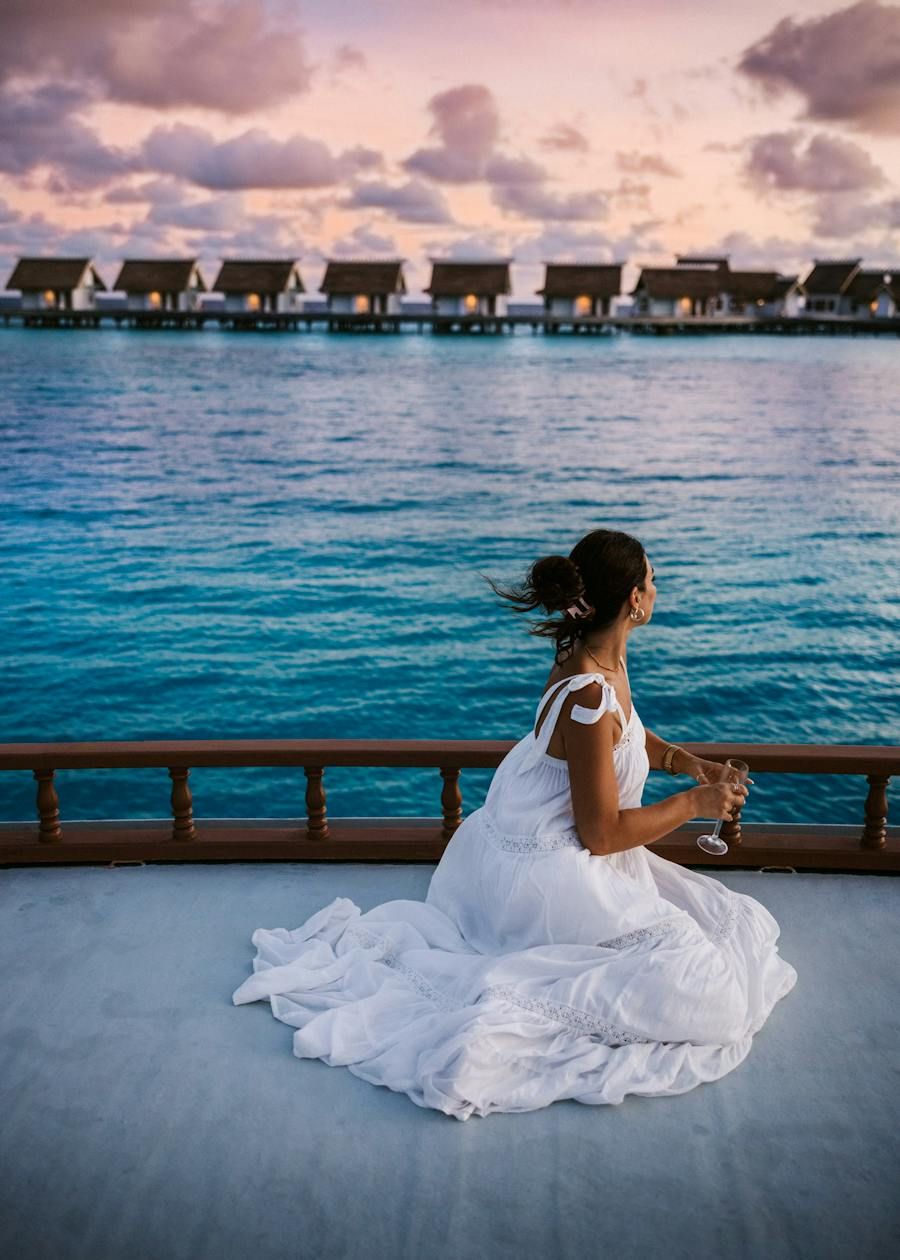 Flowing White Gauze Maxi Dress with Lace Trim — Honeymoon Dresses