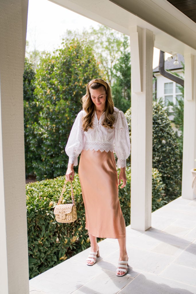 Elegant White Eyelet Blouse with Peach Satin Skirt Elegant White Eyelet Blouse with Peach Satin Skirt — Blouses