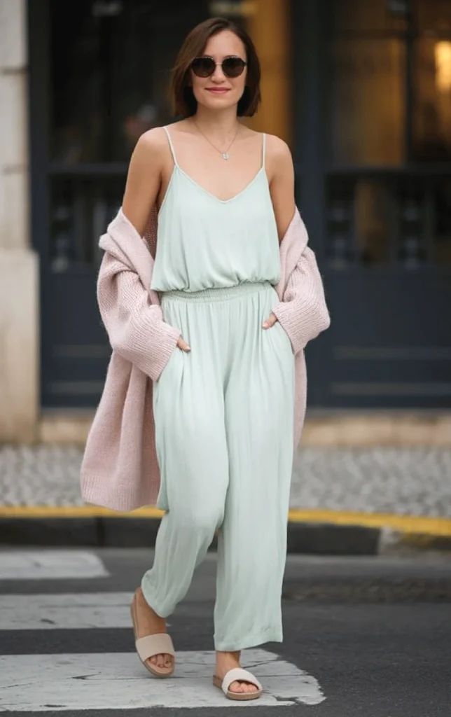 Light Blue Jumpsuit with Pink Knit Cardigan for Travel — Lisbon Outfits