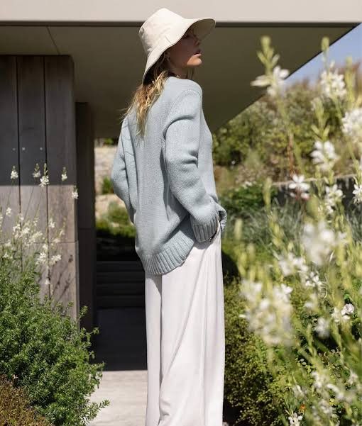Light Blue Sweater with White Wide-Leg Pants — Anthropologie Outfits