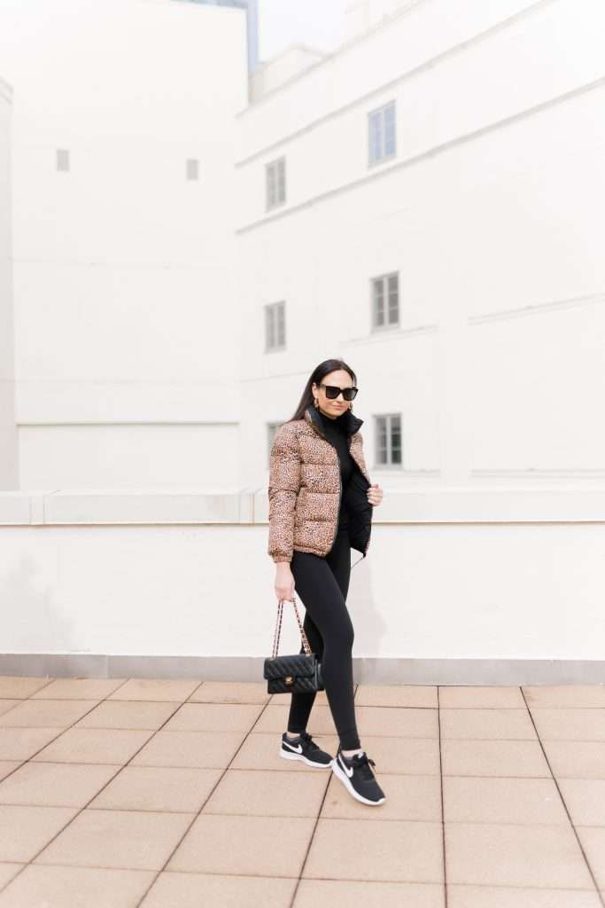 Leopard Print Puffer Jacket with Black Leggings — Long Flight Outfits