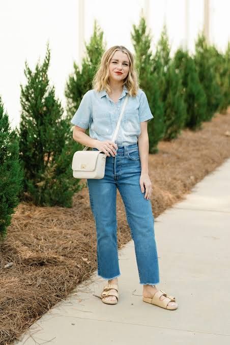 Casual Daytime Cropped Denim Shirt with Straight Jeans Casual Daytime Cropped Denim Shirt with Straight Jeans — Denim Shirt Outfits