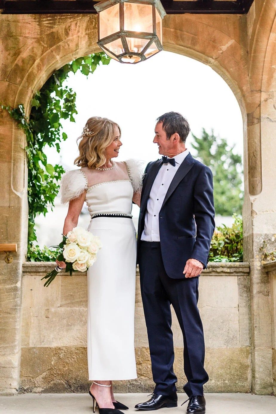White Crepe Column Dress with Feather Trim — Grandmother of the Bride Outfits