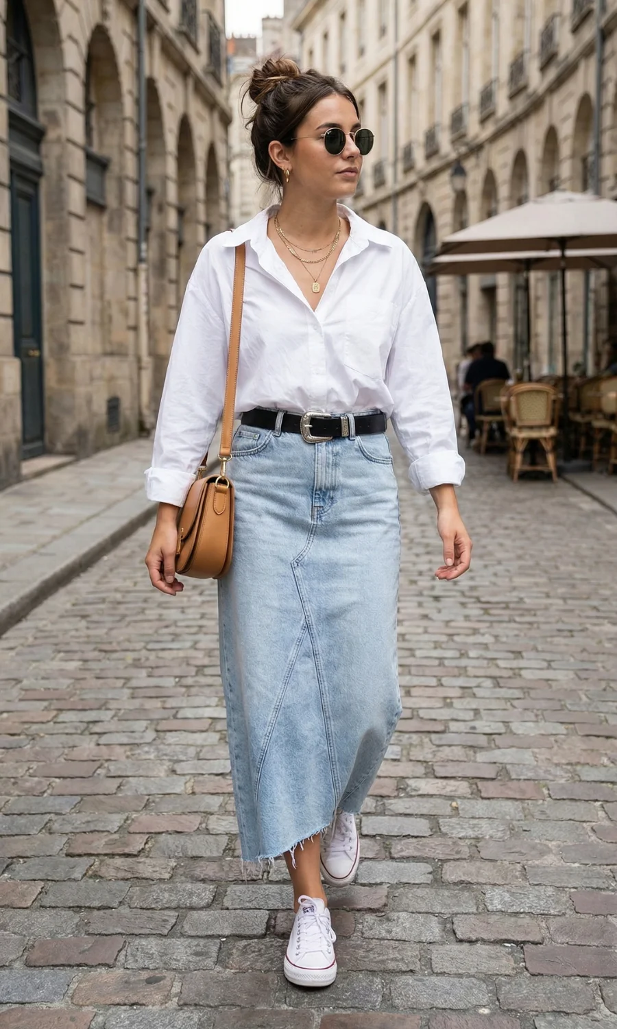 White Button-Up with Denim Maxi Skirt and Sneakers for Daytime White Button-Up with Denim Maxi Skirt and Sneakers for Daytime — Button Up Shirt Outfits
