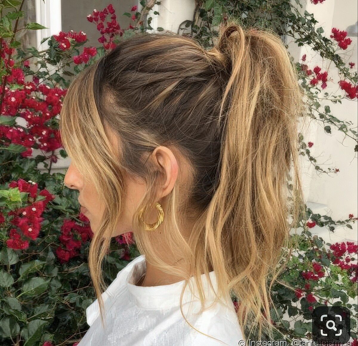 High Ponytail with Honey Balayage High Ponytail with Honey Balayage — Ponytail with Curtain Bangs