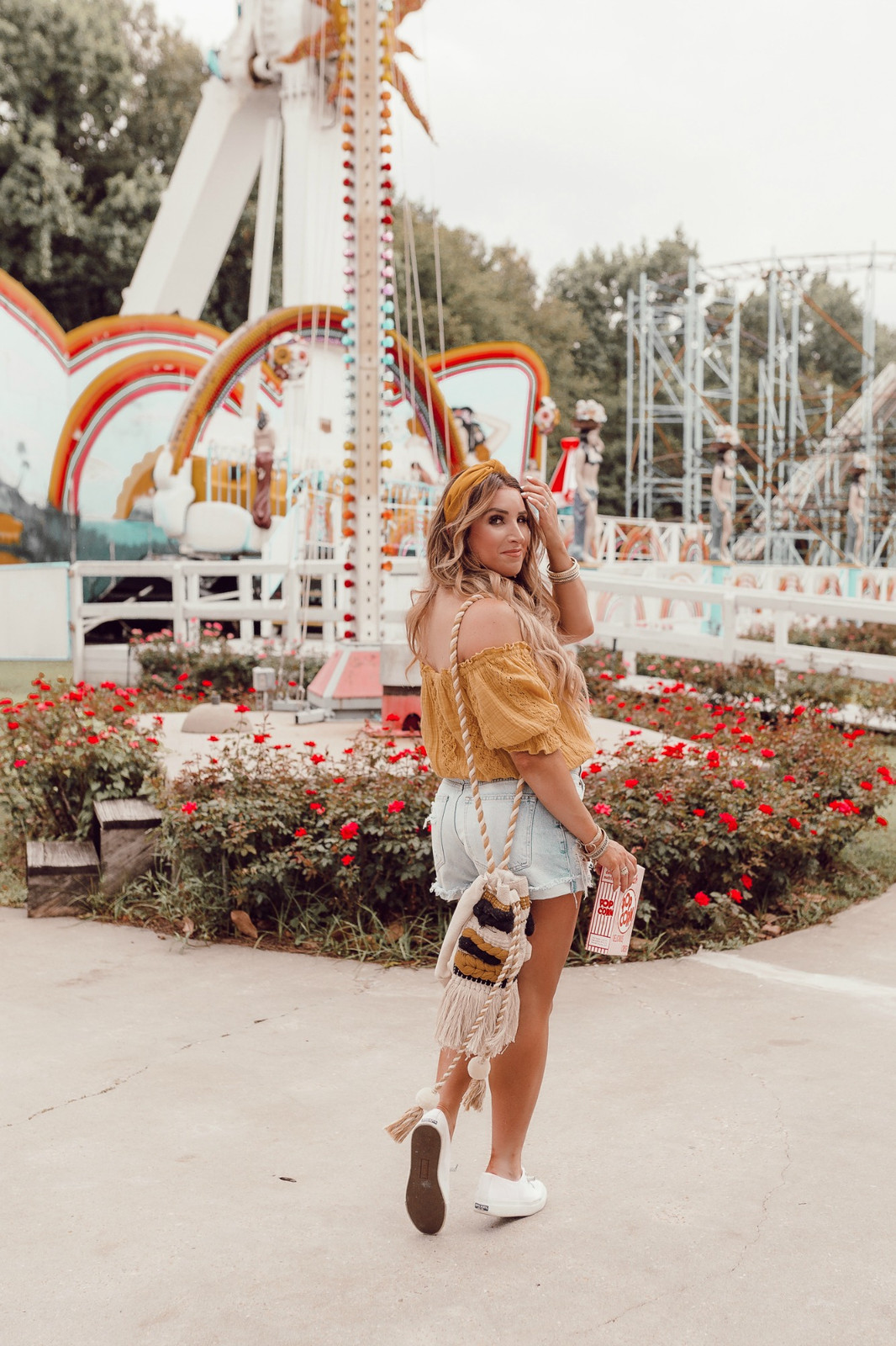 Bright Off-the-Shoulder Top with Denim Shorts — Theme Park Outfits