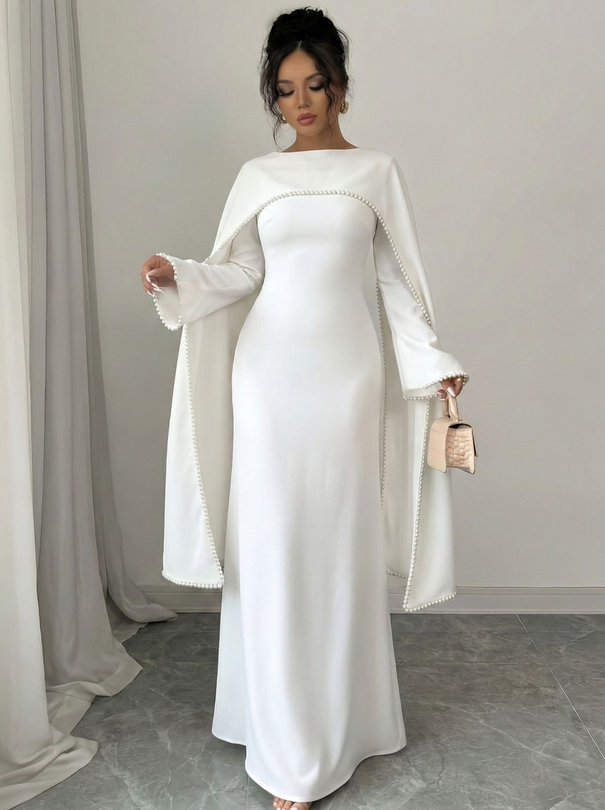 Pearl-Embellished Cape Maxi Dress for Formal Occasions — Modest Dresses