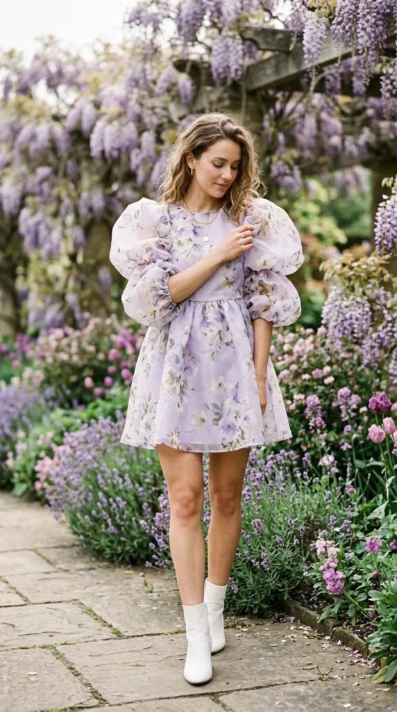 Romantic Puffy Sleeves in a Lavender Floral Mini Dress Romantic Puffy Sleeves in a Lavender Floral Mini Dress — Outfits for Women in Their 20s