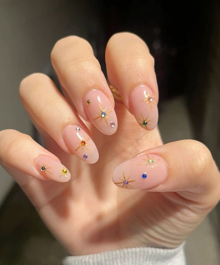 Sheer Pink Oval with Gold Starbursts and Gems Sheer Pink Oval with Gold Starbursts and Gems — Mom Nails