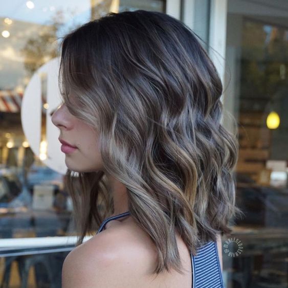 Dark Brown Lob With Ash Blonde Balayage Dark Brown Lob With Ash Blonde Balayage — Long Bob