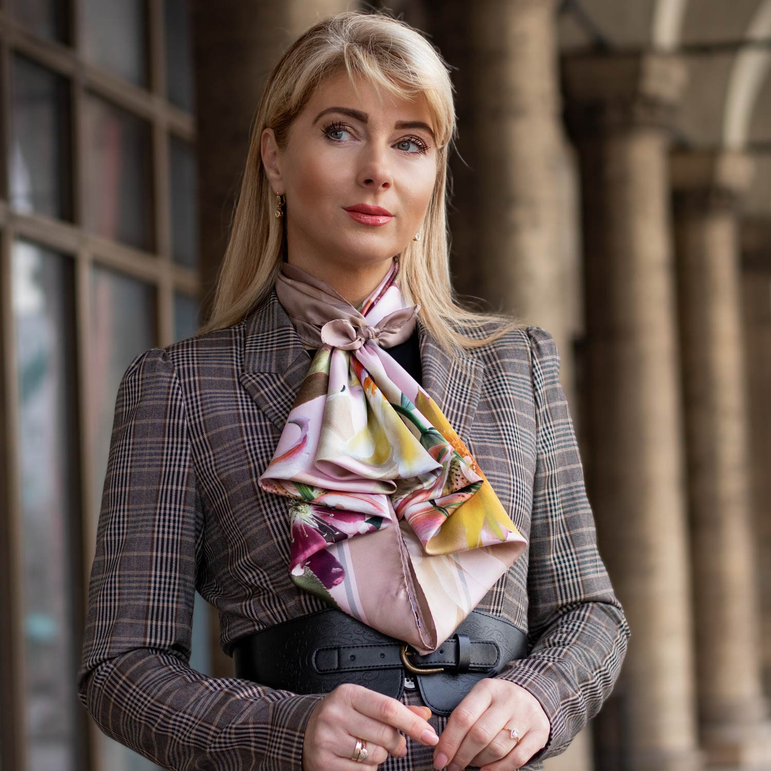 Artistic Silk Scarf with Blazer and Belt — Silk Scarf Outfits