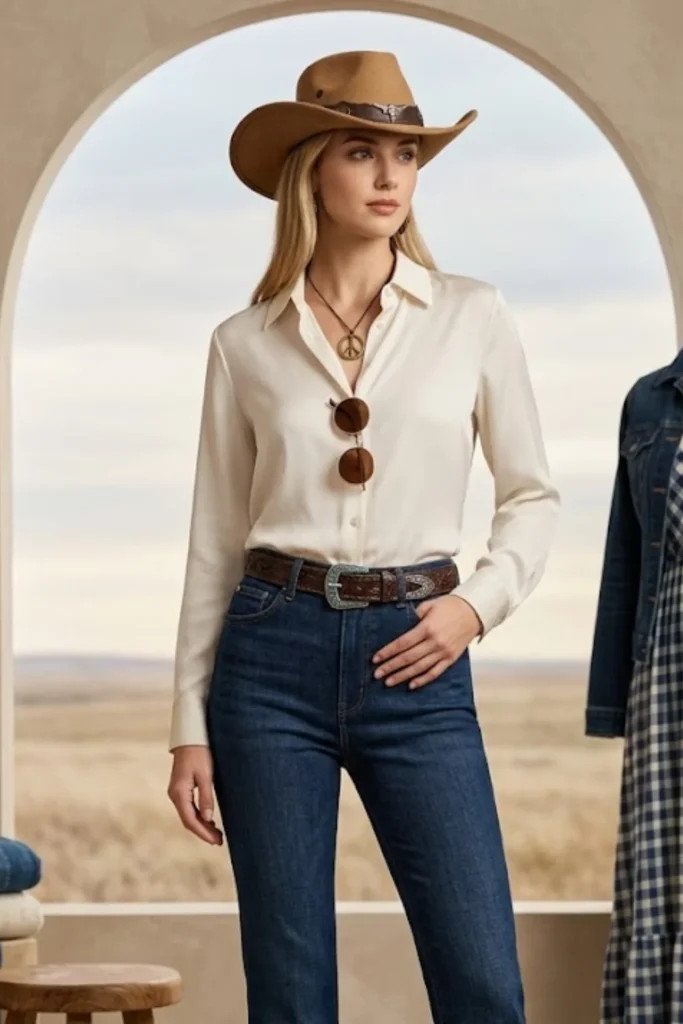 Denim Vest and Button-Up Layering with a Classic Silver Buckle Western Belt — Western Belt Outfits