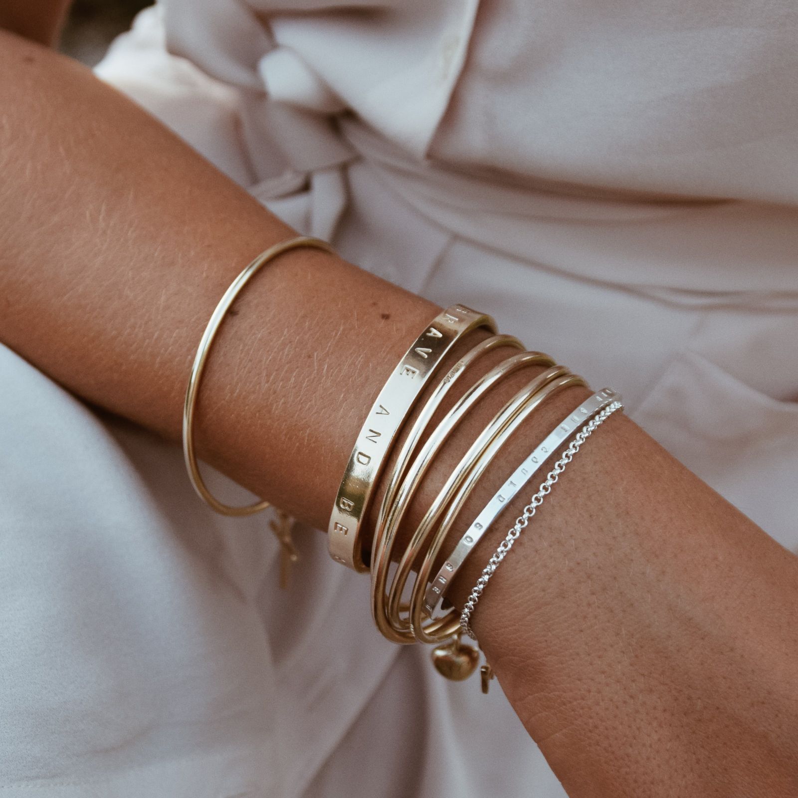 Mixed Metal Bracelets with Engraved Cuff and Heart Charm — Bangle Stacks